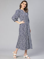 Women blue floral viscose print maxi casual dress