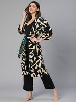 Black Abstract Print Belted Women Nightwear Cover Up