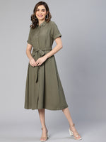 Metallic Green Button -Down Women Cotton Shirt Dress