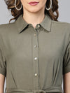 Metallic Green Button -Down Women Cotton Shirt Dress