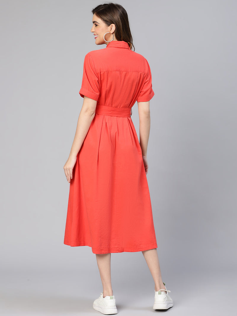 Dollish Red Button -Down Women Cotton Shirt Dress
