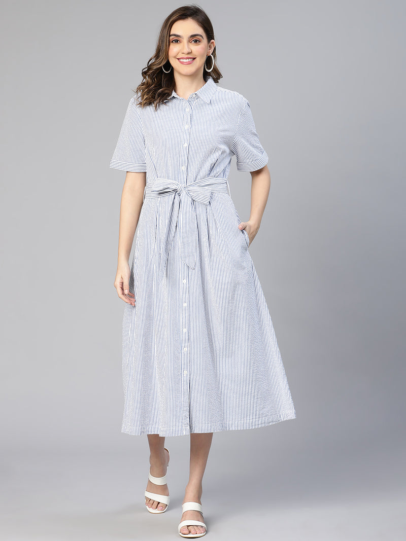 Fairly Blue Stripe Print Button -Down Women Shirt Dress