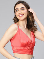 Women solid red satin shoulder strap partywear crop top
