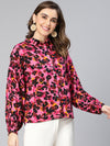 Glossy Pink Floral Print Collared Women Shirt