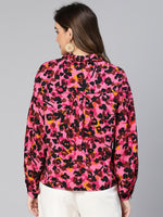 Glossy Pink Floral Print Collared Women Shirt