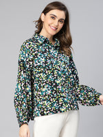 Color Blen Floral Print Collered Women Shirt