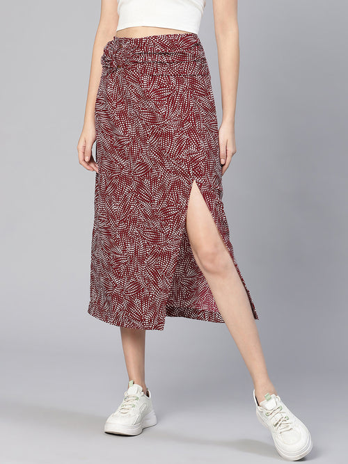 Mega Maroon Tropical Print Elasticated Women Slit Skirt