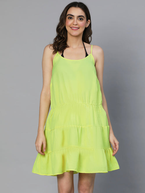 Women yellow shoulder strap polyester beachwear dress