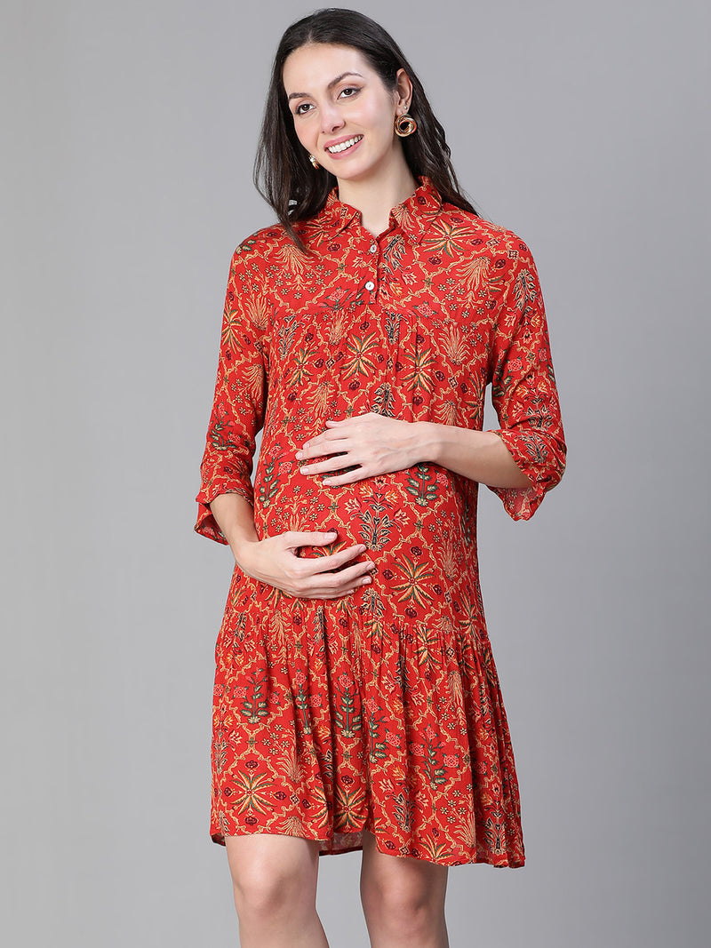 Red Shirt Pattern Cotton Maternity and Feeding Dress