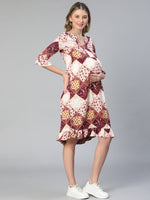 High Brown Floral Print Ruffled Women Maternity Dress