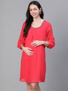 Women embellished elsaticated round neck red maternity dress