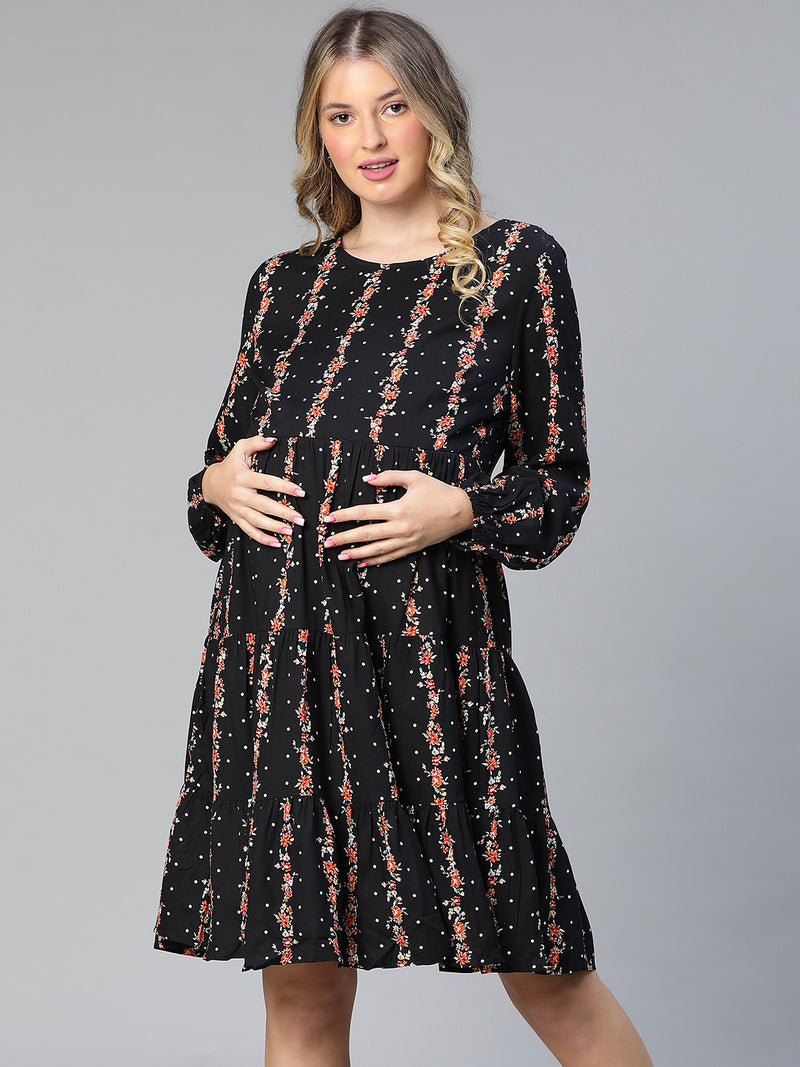 Freaky Black Floral Print Women Maternity Dress