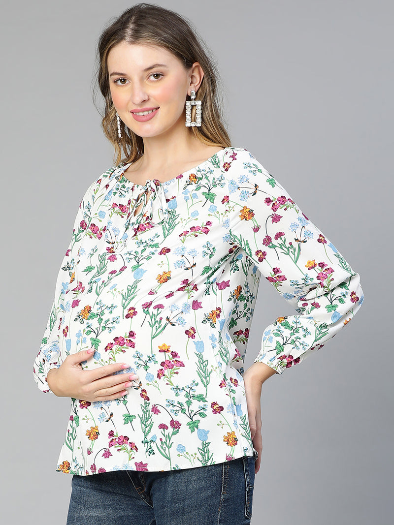 Women floral print round neck tie-knotted white maternity top
