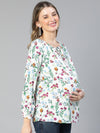 Women floral print round neck tie-knotted white maternity top