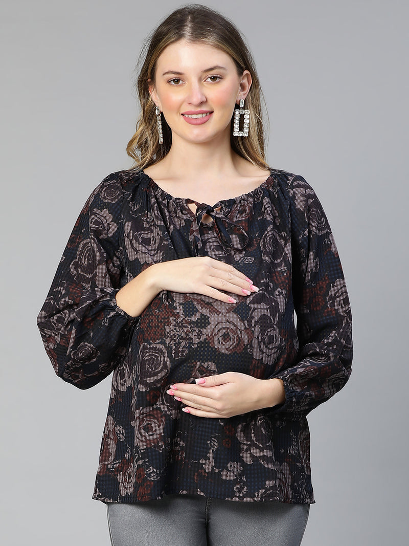 Maker Black Floral Print Tie-Knotted Women Maternity Top