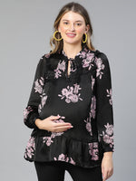 Women floral print tie-knotted ruffled black maternity top