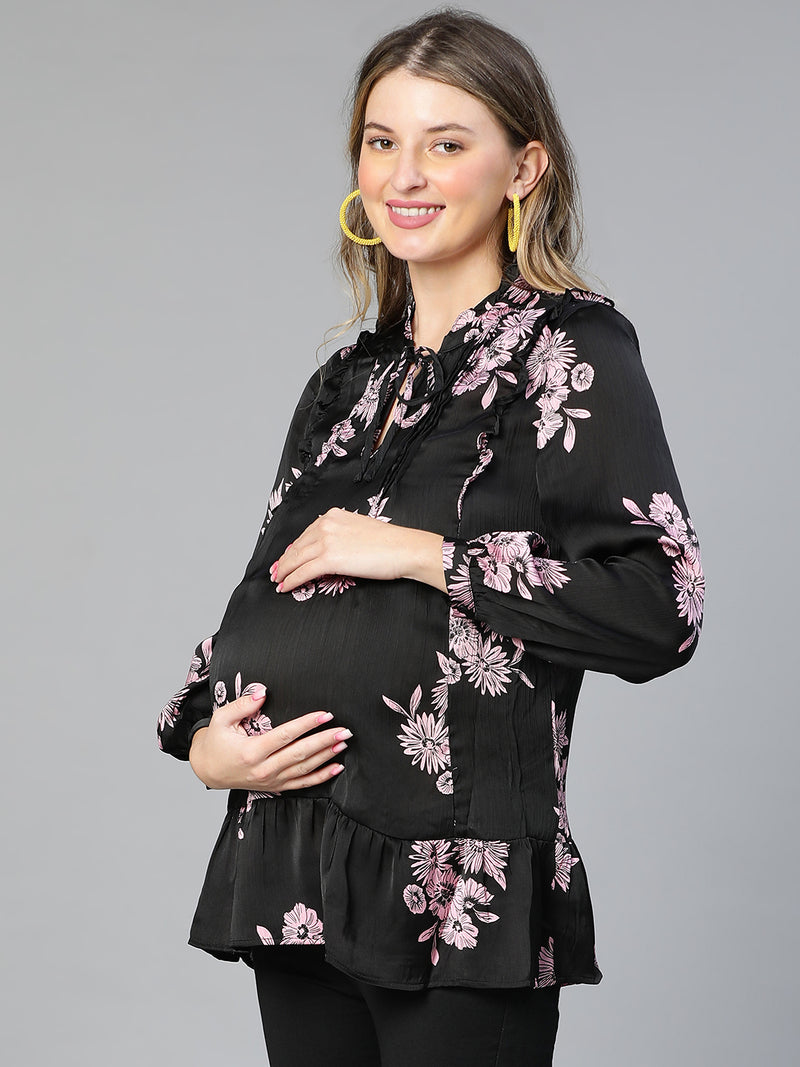 Women floral print tie-knotted ruffled black maternity top