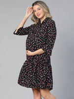 Emerged Black Floral Print Collared Women Maternity Dress