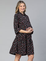 Emerged Black Floral Print Collared Women Maternity Dress