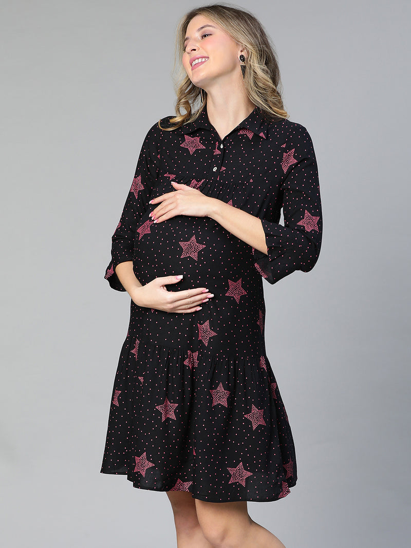 Engo Black Floral Print Collared Women Maternity Dress