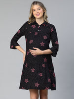 Women floral print collared bell sleeved black maternity dress