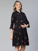 Women floral print collared bell sleeved black maternity dress