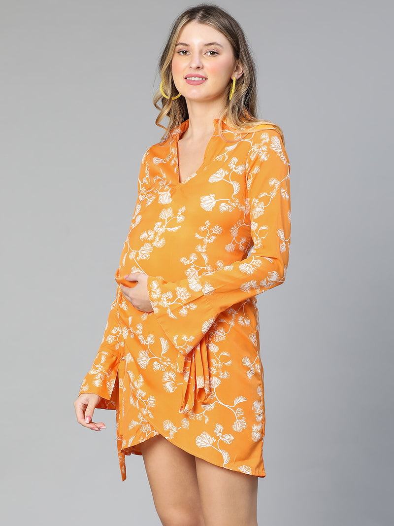 Women floral print over warrped bell sleeved yellow maternity dress