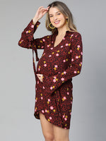 Women floral print over warrped bell sleeved maroon maternity dress