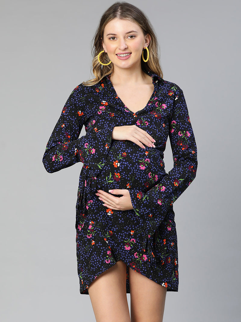 Boomed Black Floral Print Wrapped Women Maternity Dress
