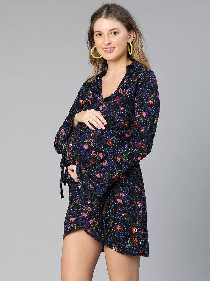 Boomed Black Floral Print Wrapped Women Maternity Dress