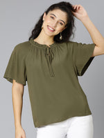 Sureal Green Round Neck Tie-Knotted Women Top