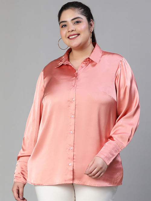 Attractive Satin Pink Women Plus Size Shirt