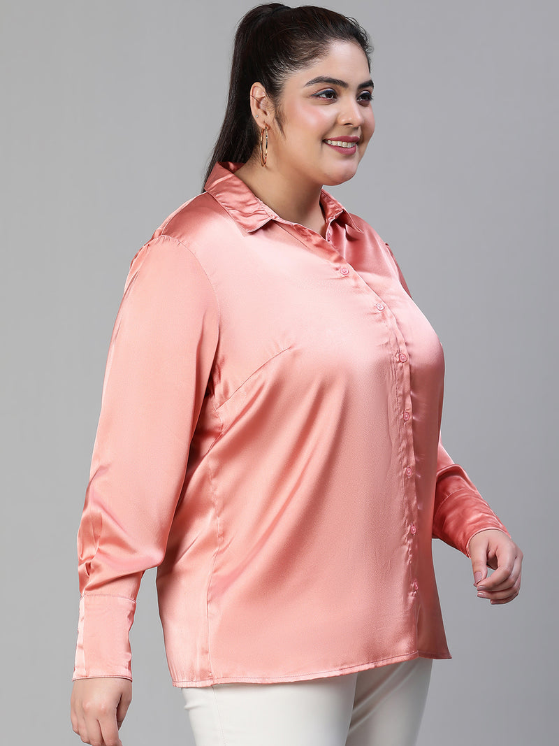 Women plus size collared satin pink shirt