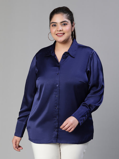Women plus size collared satin navy blue shirt