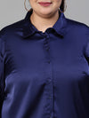 Women plus size collared satin navy blue shirt