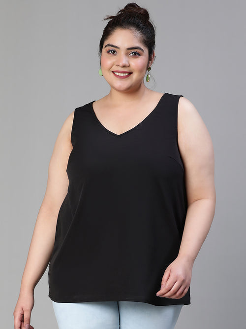 Enhanced Solid Black Sleevless Plus Size Women Top