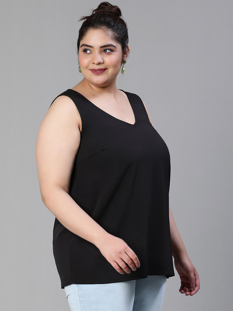 Enhanced Solid Black Sleevless Plus Size Women Top