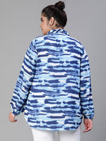 Western Blue Printed Collar With Zip Plus Size Women Top