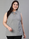 Women plus size check print drawstring sleeveless black cotton top