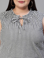 Women plus size check print drawstring sleeveless black cotton top