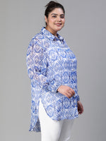 Avant Blue Printed Long Sleeve Plus Size Women Shirt