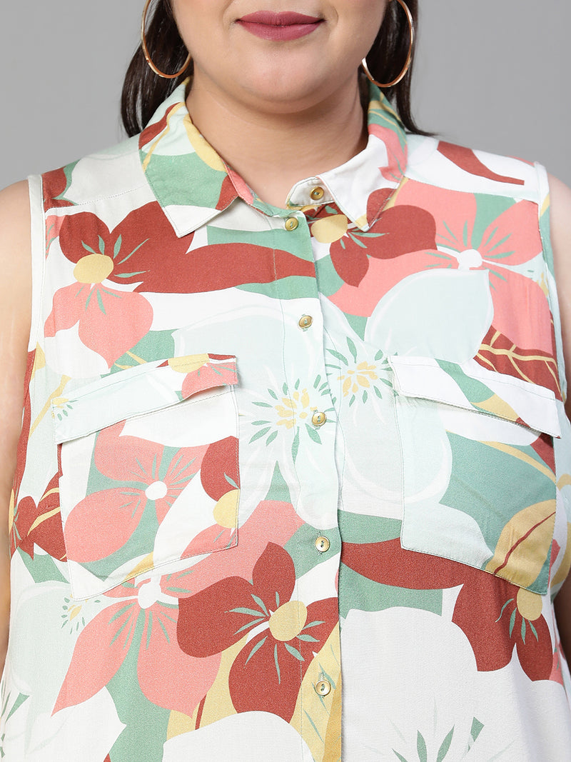 Creative Floral Print Sleevelss Button -Down Long Plus Size Multicolor Top