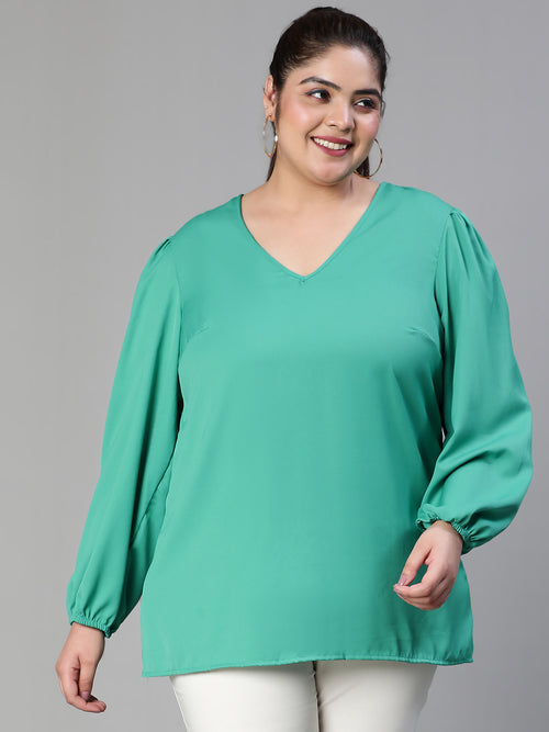 Women plus size v-neck bell sleeve elasticated plain green top