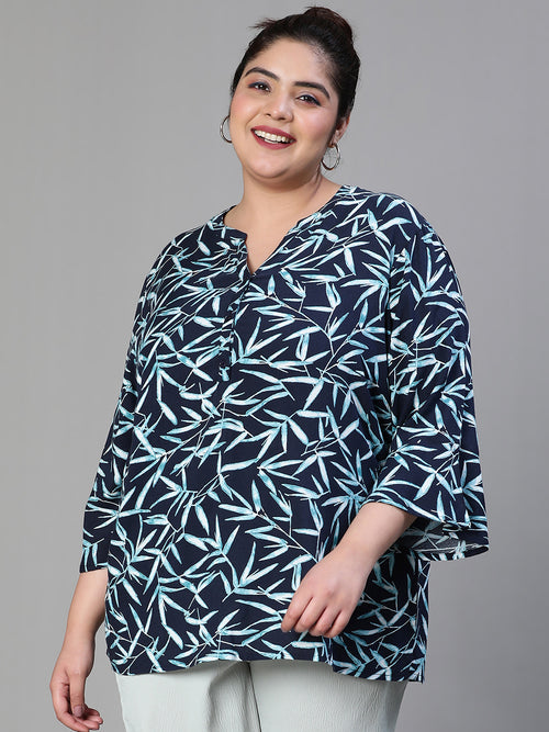 Bounded Tropical Print Navy Blue Plus Size Casual Top