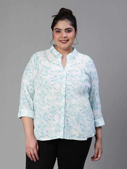 Women plus size floral print mandrain collared with button tab sleeve green cotton shirt