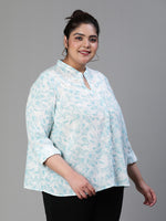 Women plus size floral print mandrain collared with button tab sleeve green cotton shirt