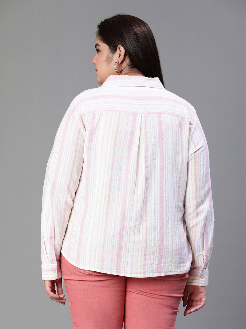 Incredible Stripe Print Tie-Knotted Plus Size Women Cotton Shirt