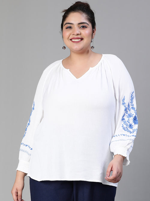 Blinged White Embroidered Plus Size Women Top