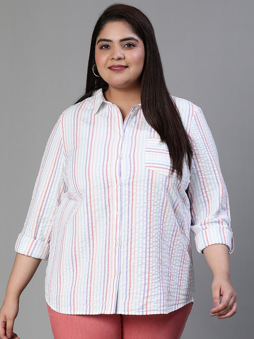 Stubble Stripe Print Multicolor Plus Size Women Cotton Shirt