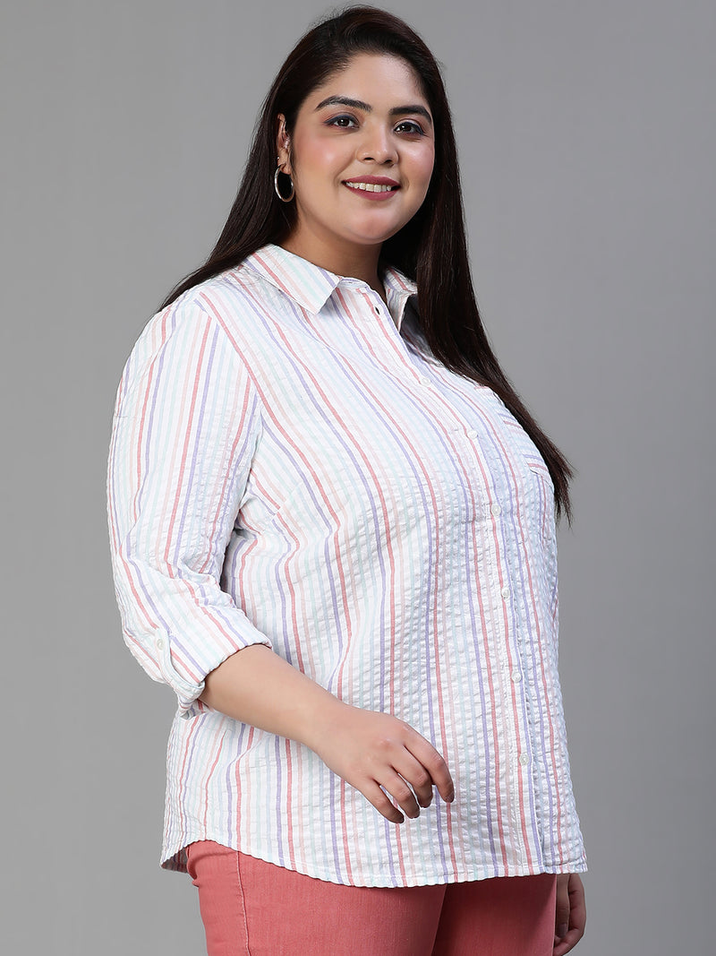 Stubble Stripe Print Multicolor Plus Size Women Cotton Shirt